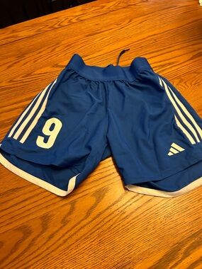 adidas Blue Athletic Shorts with White Trim and Number 9/9